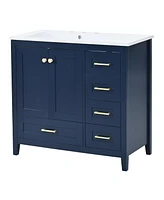 Streamdale Furniture Modern 36" Blue Bathroom Vanity with Sink Combo, 4 Drawers, Solid Wood