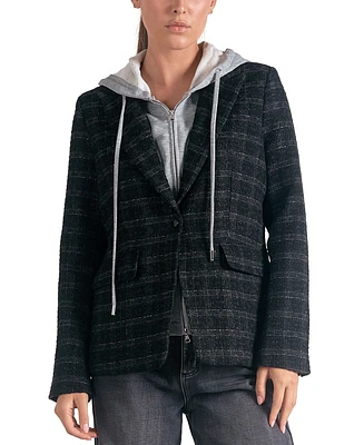 Elan Women's Plaid Long-Sleeve Layered Blazer Hoodie