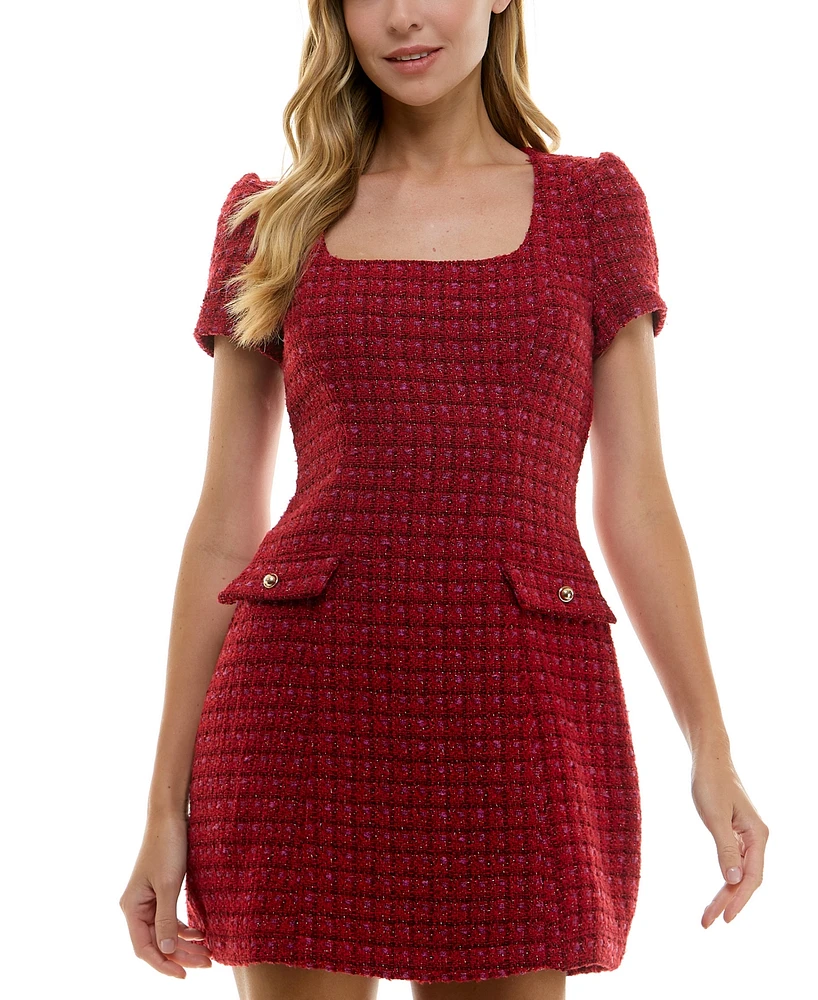 City Studios Juniors' Square-Neck Metallic Tweed Dress