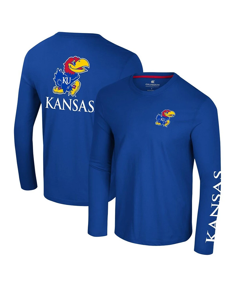 Colosseum Men's Royal Kansas Jayhawks Logo Lockup 3-Hit Active Blend Long Sleeve T-Shirt