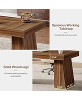 Tribesigns 55 Inches Executive Desk, Mid-Century Modern Home Office Desk with Double Trapezoid Base, Wood Computer Desk Business Workstation Desk Smal