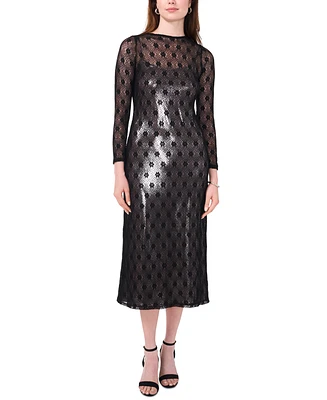 CeCe Women's Lace-Over-Metallic Long-Sleeve Midi Dress