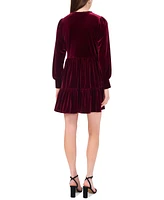 Msk Women's Split-Neck Blouson-Sleeve Tiered Velvet Shift Dress