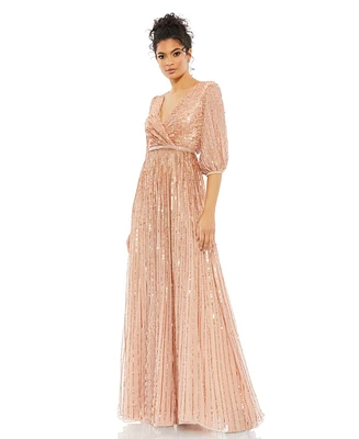 Women's Sequined Wrap Over 3/4 Sleeve Gown