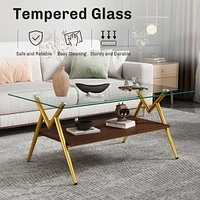Modern Glass Coffee Table with Golden Metal Legs
