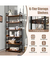 Skonyon 6-Tier Tall Industrial Bookcase with Open Shelves and 4 Hooks-Brown