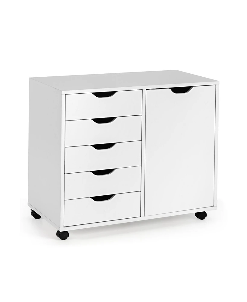 Skonyon 5-Drawer Dresser Chest Mobile Storage Cabinet with Door-White