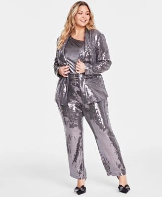 I.N.C. International Concepts Plus Size Sequined Blazer Asymmetrical Neck Metallic Foil Top Sequined Straight Leg Pants Created For Macys