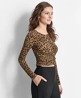 Dkny Women's Animal-Print Ruched Crewneck Long-Sleeve Top