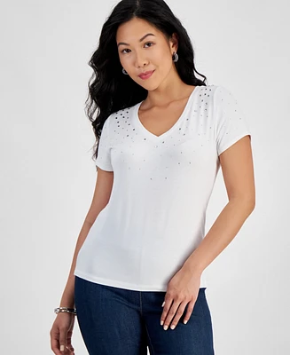 I.n.c. International Concepts Petite Embellished V-Neck T-Shirt, Created for Macy's