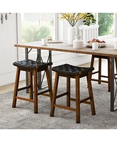 Sugift Faux Pu Leather Bar Height Stools Set of 2 with Woven Curved Seat-25 Inches