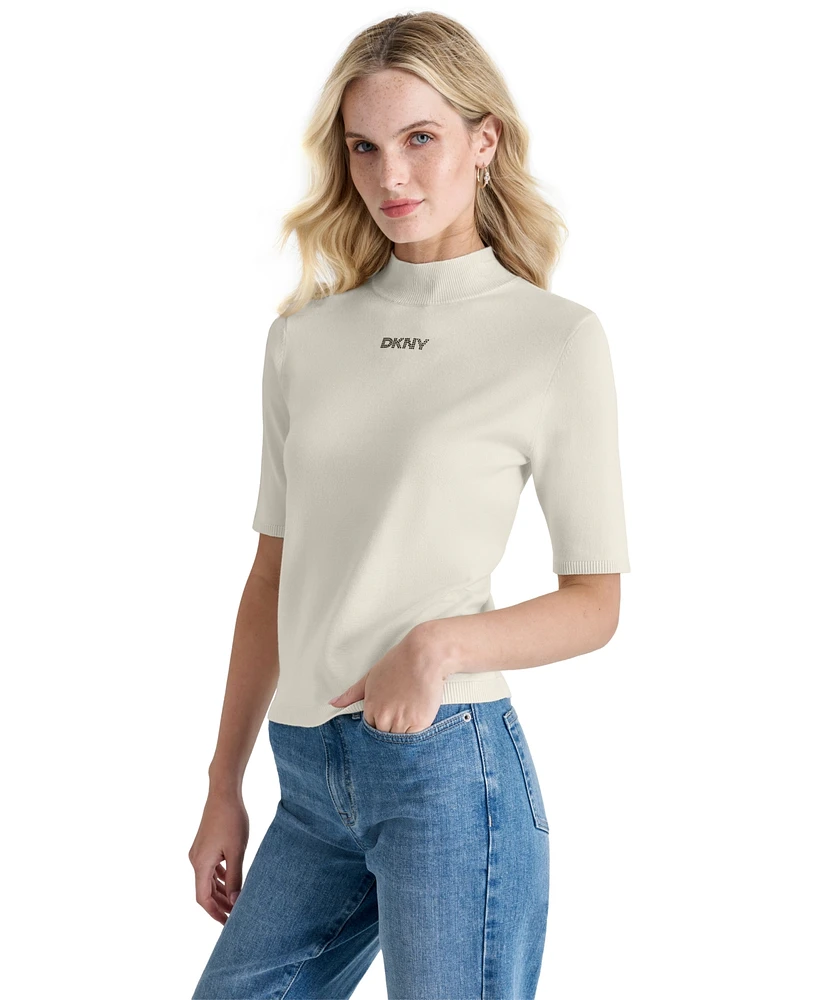 Dkny Jeans Women's Stud Logo Mock Neck Elbow-Sleeve Sweater