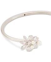 Kate Spade New York Silver-Tone Cubic Zirconia & Imitation Pearl Flower Flex Cuff Bracelet