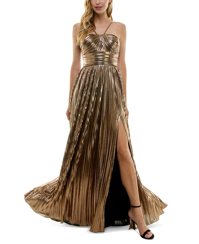 City Studios Juniors' Pleated Metallic Evening Gown