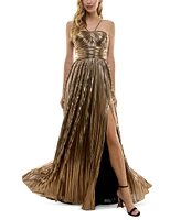 City Studios Juniors' Pleated Metallic Evening Gown