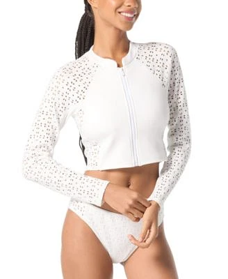 Michael Michael Kors Womens Laser Cut Long Sleeve Rash Guard Laser Cut Hipster Bikini Bottoms