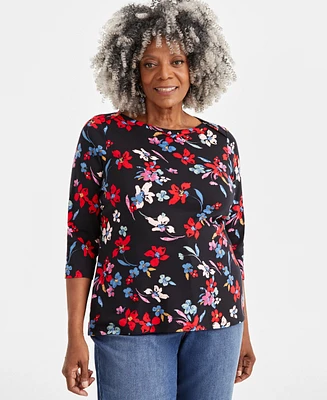 Style & Co Plus Printed Cotton Boat-Neck 3/4-Sleeve Top