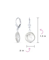 Bling Jewelry Baroque Irregular Round Coin Shaped White Biwa Coin Freshwater Cultured Pearl Dangle Earrings For Women Sterling Silver Lever back