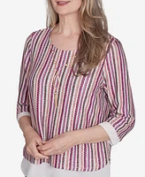 Alfred Dunner Petite Wine Country Metallic Stripe Necklace Top