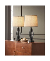 Heather Modern Industrial Table Lamps 25 3/4" Tall Set of 2 with Usb Charging Port Dark Iron Bronze Burlap Drum Shade for Bedroom Living Room House Ho