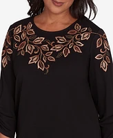 Alfred Dunner Petite Rue Rivoli Leaf Embroidered Sweater Top with Ruched Sleeves