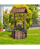 Costway Outdoor Wooden Wishing Well Bucket Flower Plants Planter Patio Garden Home Decor