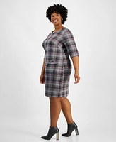 Connected Plus 3/4-Sleeve Plaid Sheath Dress