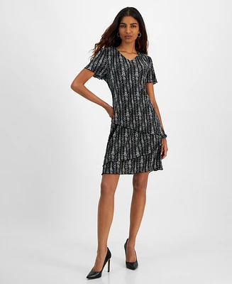 Connected Petite Tiered Pleated Short-Sleeve Sheath Dress