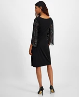 Connected Petite Lace-Sleeve Side-Gathered Sheath Dress