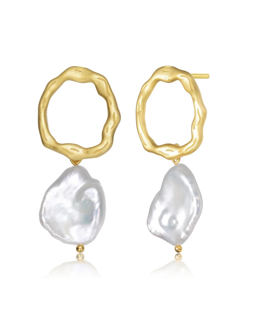 Genevive Sterling Silver Gold Plated with Genuine Freshwater Round Pearl Drop Earrings