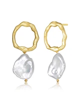 Genevive Sterling Silver Gold Plated with Genuine Freshwater Round Pearl Drop Earrings