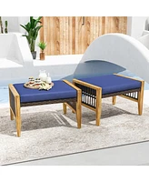 Skonyon Patio Acacia Wood Ottomans with Cushions and Versatile Rattan Woven Footstools-Navy