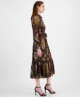 T Tahari Women's Paisley-Print Half-Placket Tiered Maxi Dress