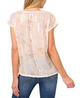 CeCe Women's Sequined Floral Print V-Neck Cap-Sleeve Blouse