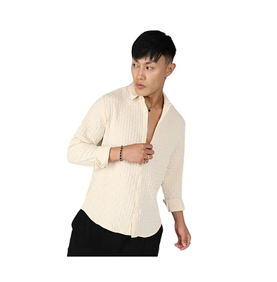 Campus Sutra Men's Pale Yellow Textured Weave Shirt