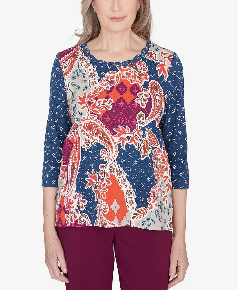 Alfred Dunner Petite Classics Paisley Patchwork Knotted Crew Neck Top