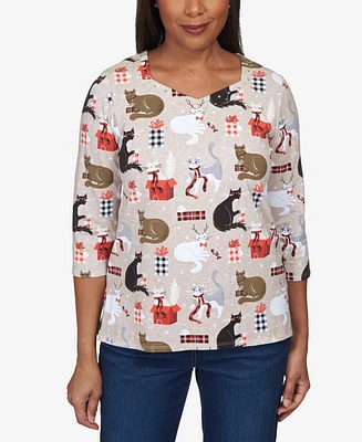 Alfred Dunner Petite Classic Cats Presents Top