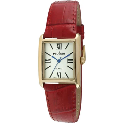 Peugeot Women's Tank Watch Roman Dial Red Leather Strap