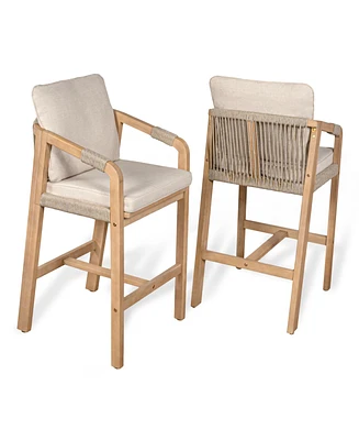 Jonathan Y Porto Modern Coastal Tub Roped Acacia Wood Outdoor Bar Stool with Cushions and Armrests (Set of 2)