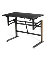 Sugift Pneumatic Height Adjustable Gaming Desk T Shaped Game Station with Power Strip Tray