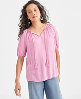 Style & Co Women's Split Neck Tassel Shine Top, Created for Macy's