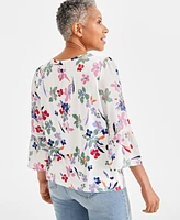 Style & Co Petite Floral-Print Mixed-Media Knit Top, Created for Macy's