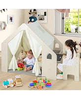 Skonyon Montessori Style Indoor Playhouse with Storage Bin and Floor Mat for Toddlers Aged 2-6 Years Old-Beige