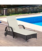 Adjustable Rattan Chaise Lounge with Cushion and Wheels