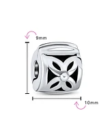 Bling Jewelry Floral Daisy Spacer Stopper Barrel Bead Charm For Women Oxidized Sterling Silver Snap Clasp Fits European Bracelet