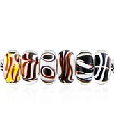 Bling Jewelry Mixed Set Of 6 Bundle Sterling Silver Core Translucent Shades Of White Black Brown Murano Glass Stripe Circle Swirl Charm Bead Spacer Fi