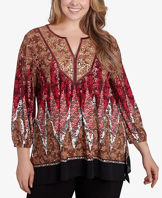 Ruby Rd. Plus Size Embellished Placket Decorative Border Print Knit Top