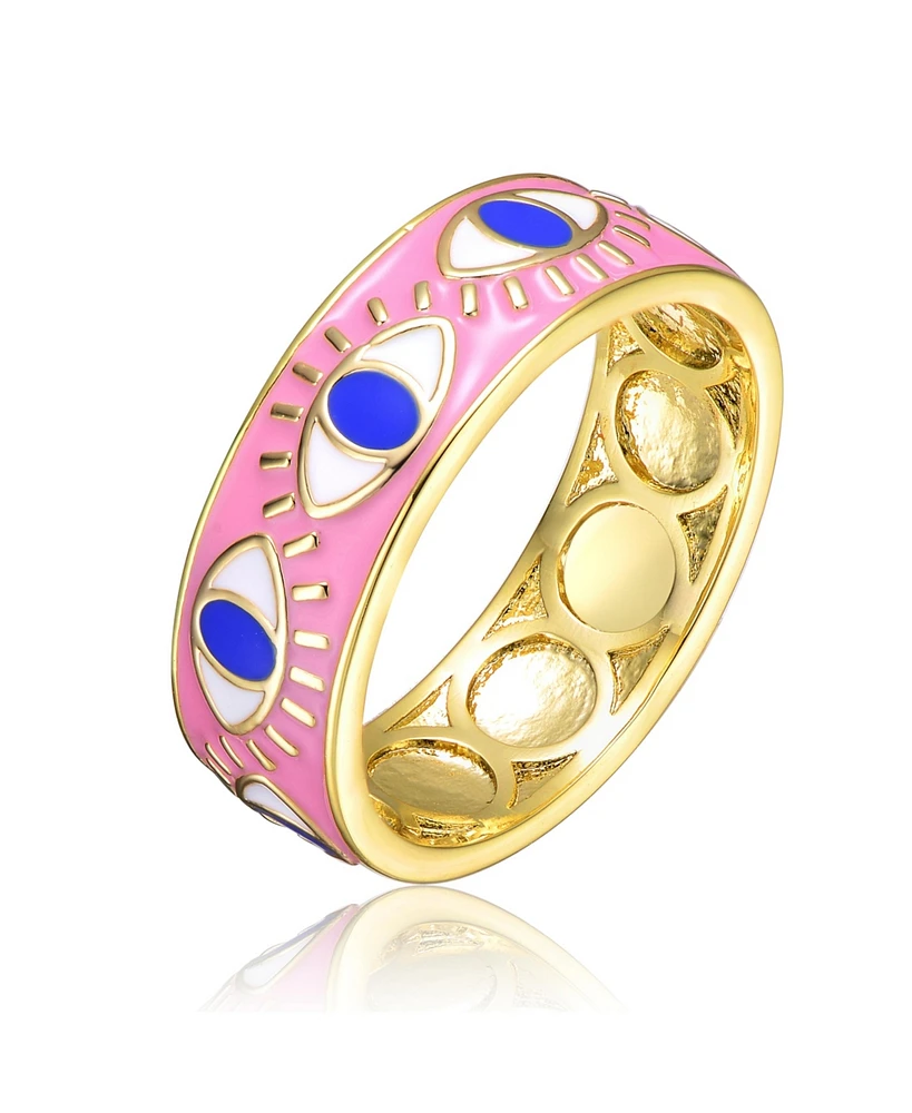 GiGiGirl 14k Yellow Gold Plated Band Ring with Pink Enamel having Eye Shaped design