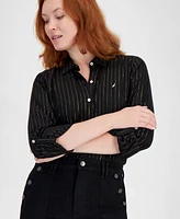 Nautica Jeans Women's Flickering Pinstripe Roll-Tab-Sleeve Button-Up Shirt