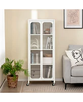 Sugift Glass Doors Storage Cabinet with Wheels and Adjustable Shelves